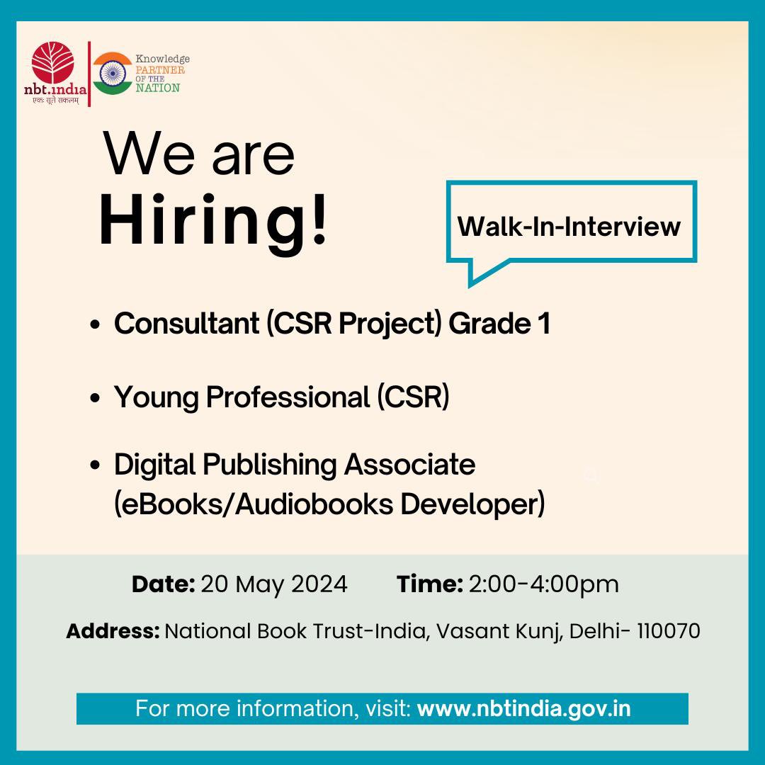 @nbt_india is seeking passionate individuals to join our team! If you're enthusiastic about #books, #reading and #publishing, then this is your chance to apply for the most exciting opportunities. Walk-In-Interviews are scheduled for 20 May 2024 at #NBTIndia’s Office in Vasant