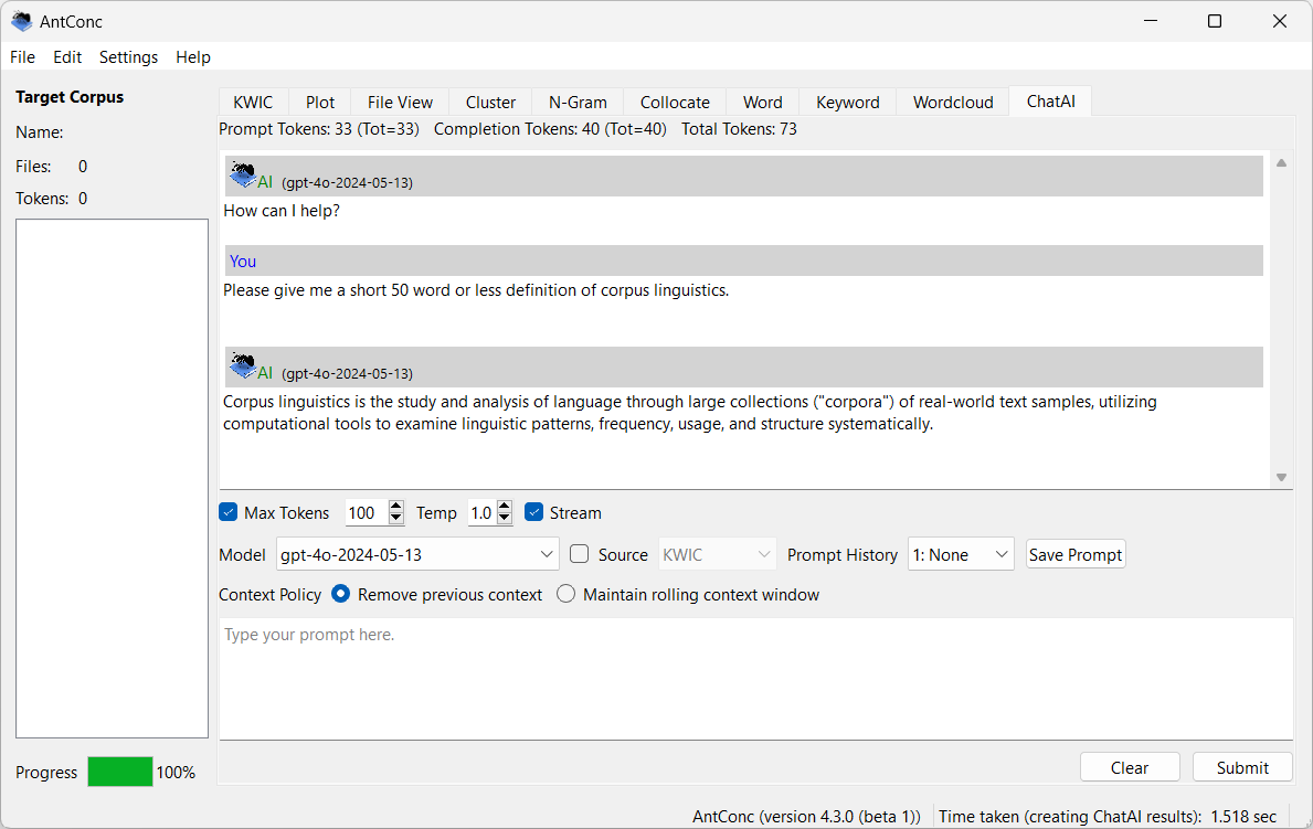 antlabjp's tweet image. Just updated AntConc 4.3.0 to beta2 with GPT-4o as the default LLM in the ChatAI tool. The AI responses are now very much faster and of much higher quality. Remember that AntConc uses API calls, with each call priced by OpenAI. laurenceanthony.net/software/antco…