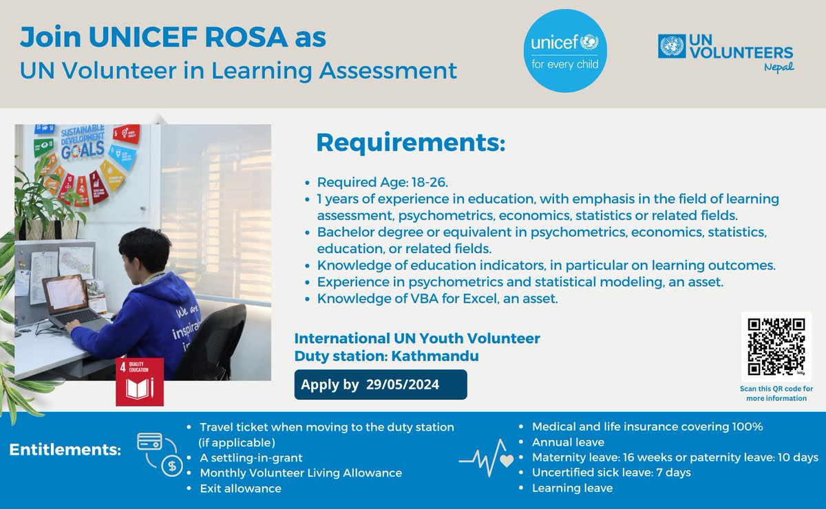 Volunteering Opportunities with @UNICEFROSA! If you are passionate about improving education systems and enhancing learning assessments, UNCIEF ROSA is seeking an international UN Youth Volunteer in Learning Assessment. Apply by 29th May 2024. 🔗bit.ly/4bjQ254