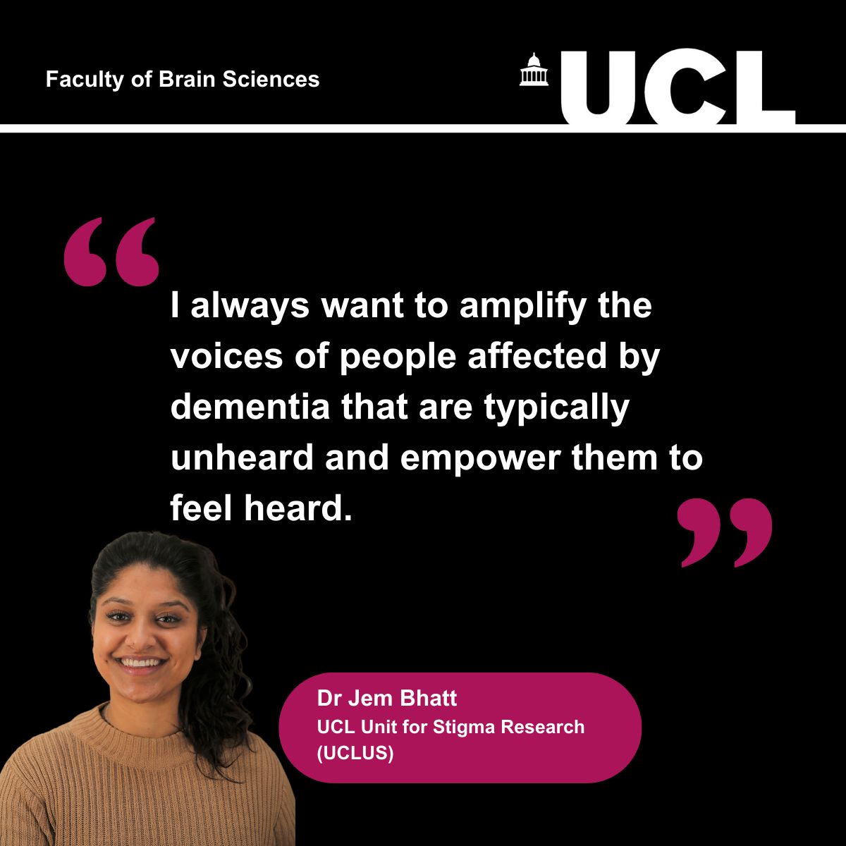 Dr Jem Bhatt from the @UCLPALS Unit for Stigma Research, conducts psychosocial dementia research, and investigates the discrimination faced by dementia carers. Find out more in this @UCLBrainScience interview👉 buff.ly/3KnGyKp