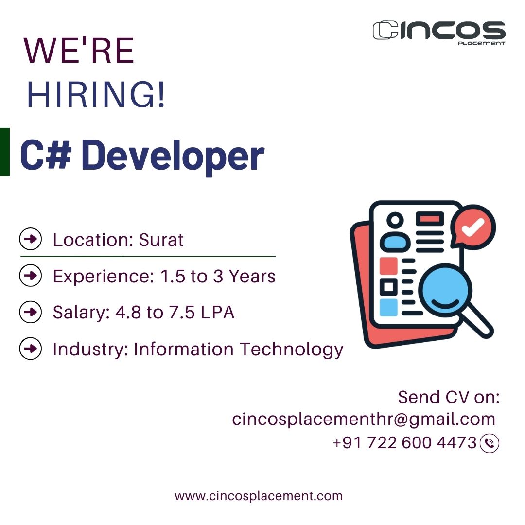 cincosplacement's tweet image. Exciting opportunity for a C# Developer with Best IT Placement Consultancy in Surat. Join our coding team!
Contact Us
Phone: +91 72260 04473
#CSharpDeveloper #SuratJobs #CodingPro #JobVacancy #ITJobPlacementServicesInSurat #BestITJobPlacementConsultancyInSurat