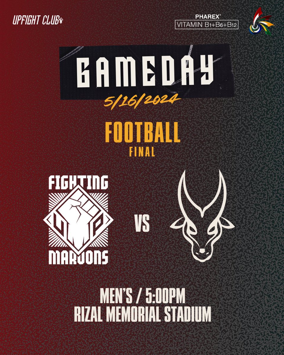 GAMEDAY ⚽️

For the championship, let’s #PaintRizalMaroon! ❤️🖤 The @upmensfootball will go for gold in the last #UAAPSeason86 sporting final against FEU at 5PM 💪🏼

Powered by:
Pharex B-Complex

#UPFight✊🏼 #FiredUP🔥 #SupportAllSports