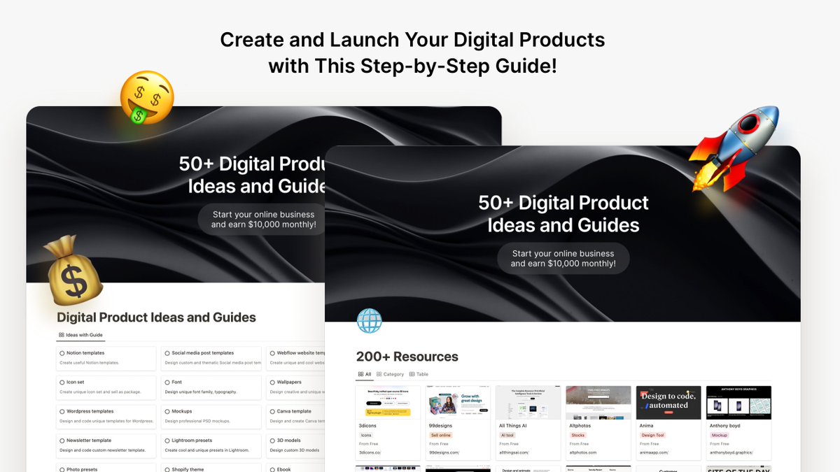 Create and sell digital products:

50 ideas and guides with 200+ resources to help you make over $10,000/month.

Get it for free instead of $29

 Reply 'Send', RT, and Like to receive in DM.

Must follow me.