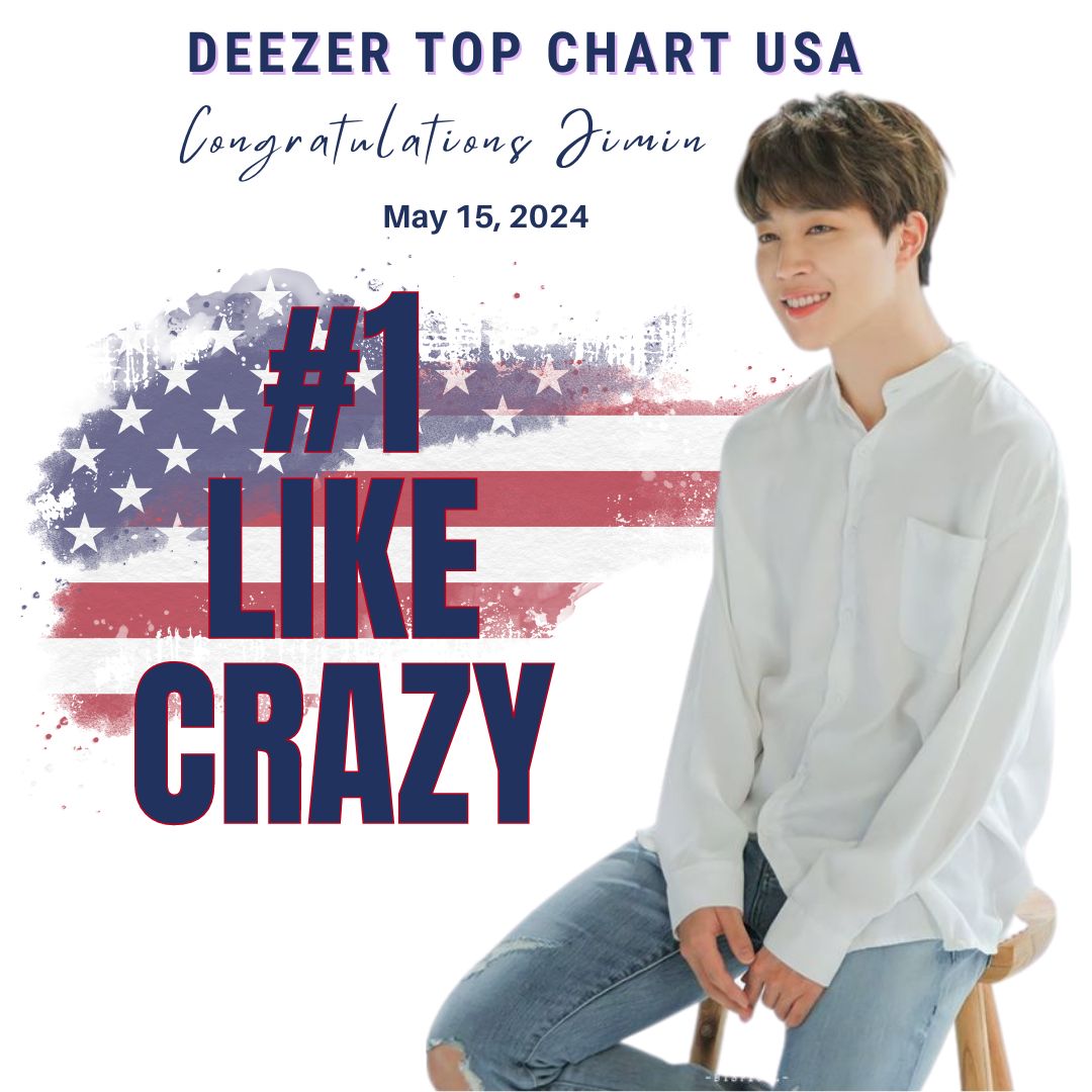OMGGGGGG OUR JIMIN OWNS AMERICA!!!!! 🇺🇸🇺🇸🇺🇸

Deezer Top 100 USA Chart · May 15, 2024   

#1 - Like Crazy  

Like Crazy is currently on its 18th day at #1 on Deezer Top 100 USA  

JIMIN ONLY HAS PJMs  
WELL DONE JIMERICA