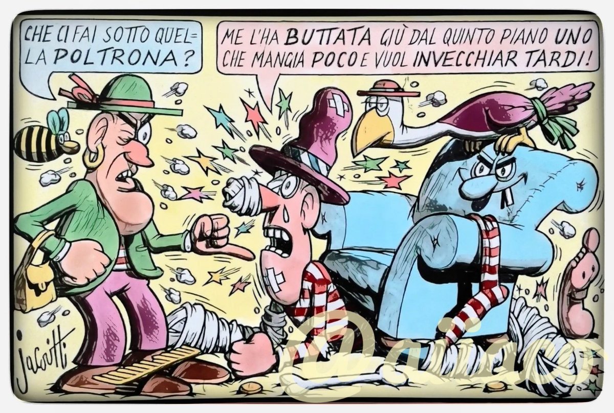 Buongiorno #Jacofollowers I due segreti della longevità. Se mangi poco e butti la poltrona più tardi invecchierà la tua persona. #Jacovitti #humour #comics #nosense #16maggio