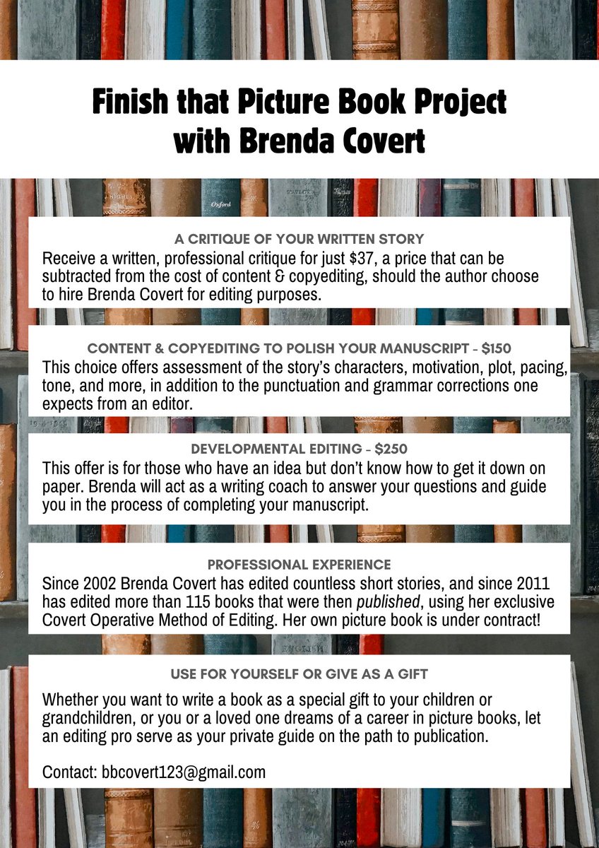 TheBrendaCovert's tweet image. I offer 3 levels of help for your picture book! Not only have I been editing since 2002 with a long list of those books that have been published, but I have my own picture book under contract. Questions? DM me or send an email. #EditorTips #AmEditing