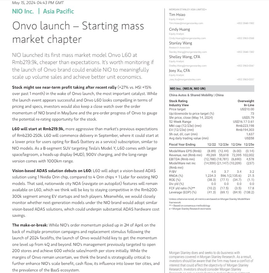 Morgan Stanley’s latest report following the ONVO launch. $NIO PT: $10 👇