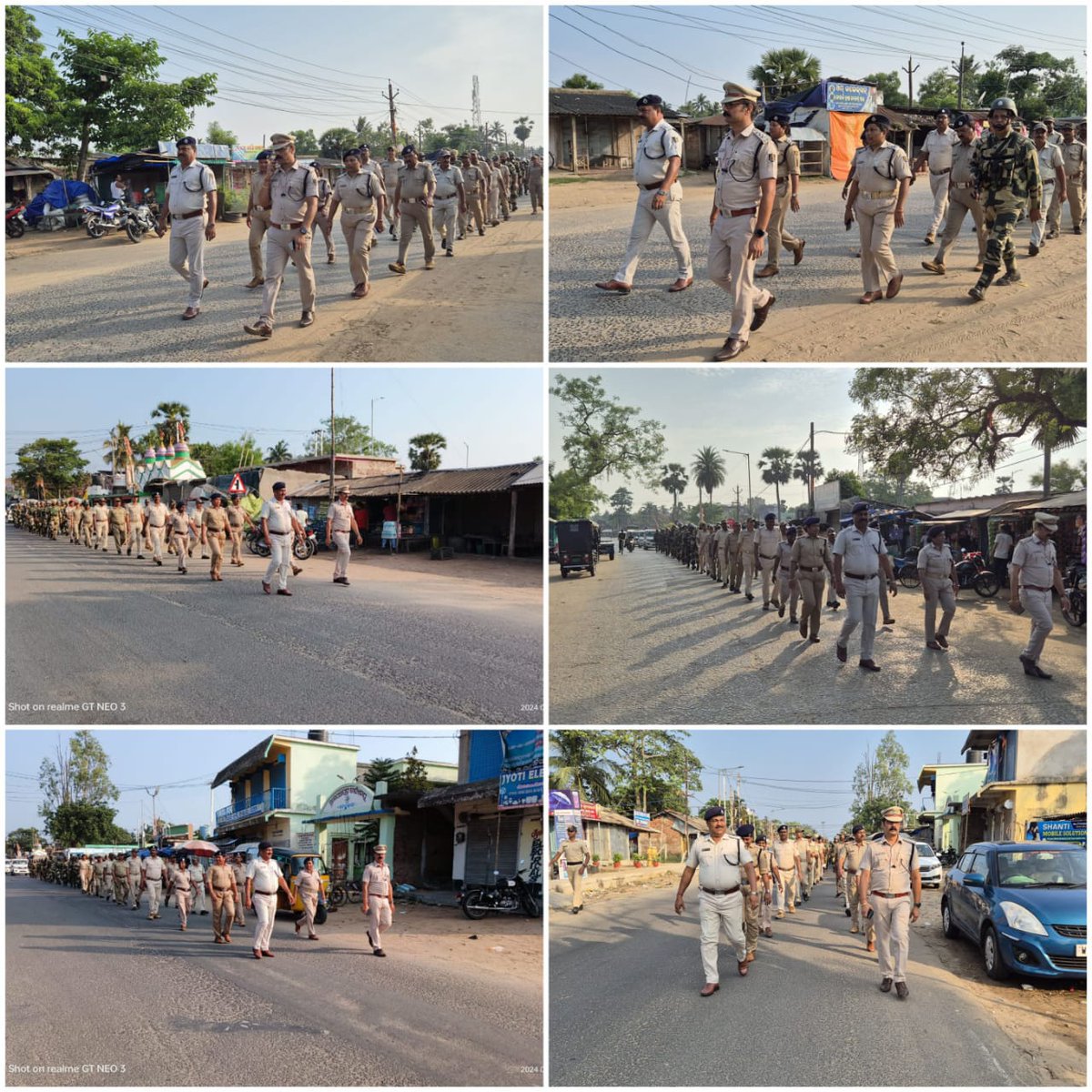 Under the guidance of @SPBalasore @sagarika_nath, SDPO Jaleswar, IIC Bhograi PS along with staff and troops of CAPF conducted Flag March in Bhograi PS areas to ensure a free, fair, and incident-free #GeneralElections2024.