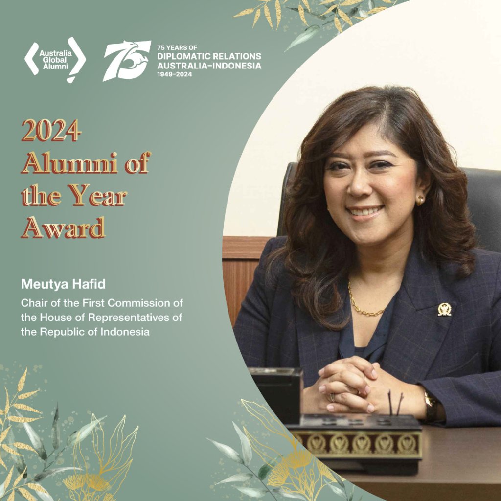 Congratulations to #OzAlumAwards2024 Alumni of the Year, @UNSW #OzAlum @meutya_hafid! 

As chair of Commission I of @dpr_ri, Meutya plays a crucial role in 🇮🇩 Foreign Affairs, Defence, and Information issues, as well as fostering 🇦🇺 & 🇮🇩 connections and friendship.