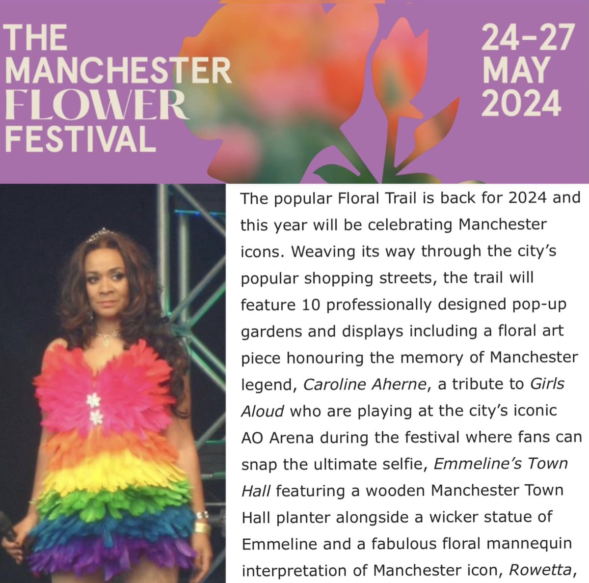 🌸 Celebrate the start of summer at The Manchester Flower Festival 🌹 Friday 24 - Monday 27 May 2024 🐝 Queen Bee Rowetta By Royal Exchange Flowers and The Royal Exchange Manchester 🌼 Thanks to @MCRFlowerFest Visit mcrflowerfest.com 🌺 A beautiful honour ❤️