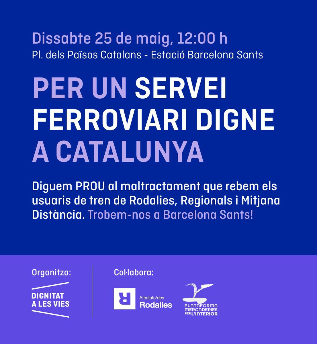 📣 Dissabte 25 de maig a les 12 h farem una concentració a Barcelona Sants per denunciar el servei nefast i el tracte que fa anys que patim els usuaris de tren de Catalunya. Ara és el moment, us necessitem. Fem soroll, que ens escoltin  ❗️✊🏻