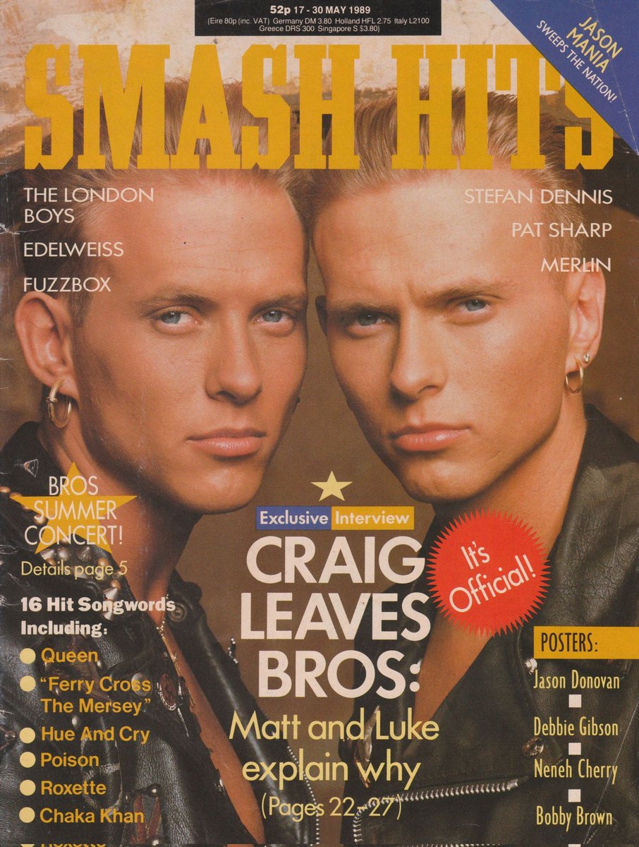 35 years ago today, #onthisdayinpop in 1989, Matt & Luke Goss took to the cover of #SmashHits magazine to tell us #Bros was now a duo! Quite the scandal actually. My mum declared she always thought it were just the two of them so weren't right bothered 🤣
onthisdayinpop.com/2014/10/bros-t…