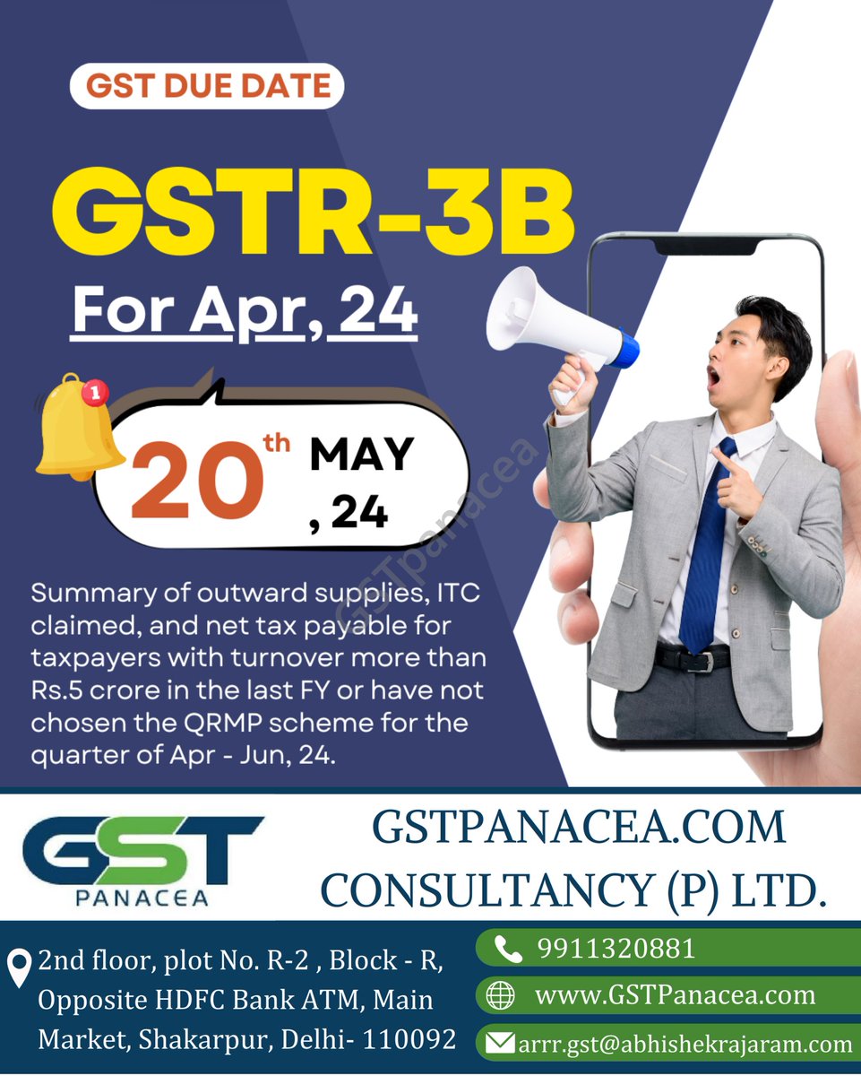 GST Due Date Reminder
GSTR-3B
For,Apr,24

 #GSTReminder #GSTR3B #TaxFiling #BusinessCompliance