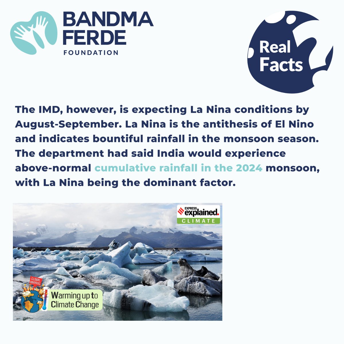 𝐑𝐞𝐚𝐥 𝐅𝐚𝐜𝐭: The IMD, however, is expecting La Nina conditions by August-September. La Nina is the antithesis of El Nino and indicates bountiful rainfall in the monsoon season. #Bandmaferdefoundation #Bandmaferde #realfacts #India #factsmatter #nonprofitorganizationindelhi