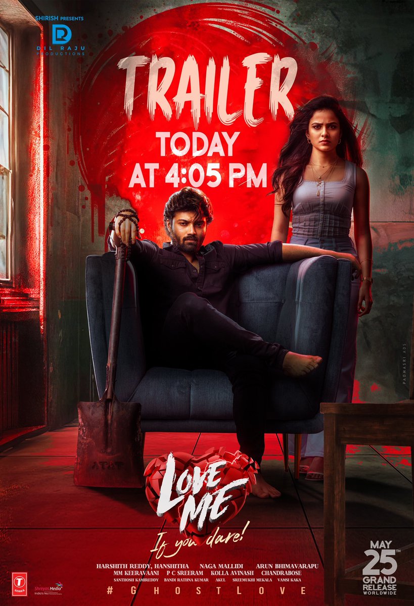 A love story - not for the faint hearted ❤‍🔥

#LoveMeTrailer out today at 4.05 PM 💥💥

Launch event from 3.30 PM onwards at AAA Cinemas, Hyderabad

Watch LIVE here - youtube.com/live/BMpSgJ5YC…

#LoveMe  - '𝑰𝒇 𝒚𝒐𝒖 𝒅𝒂𝒓𝒆 in cinemas on May 25th

#GhostLove 💘 #LoveMeTrailer