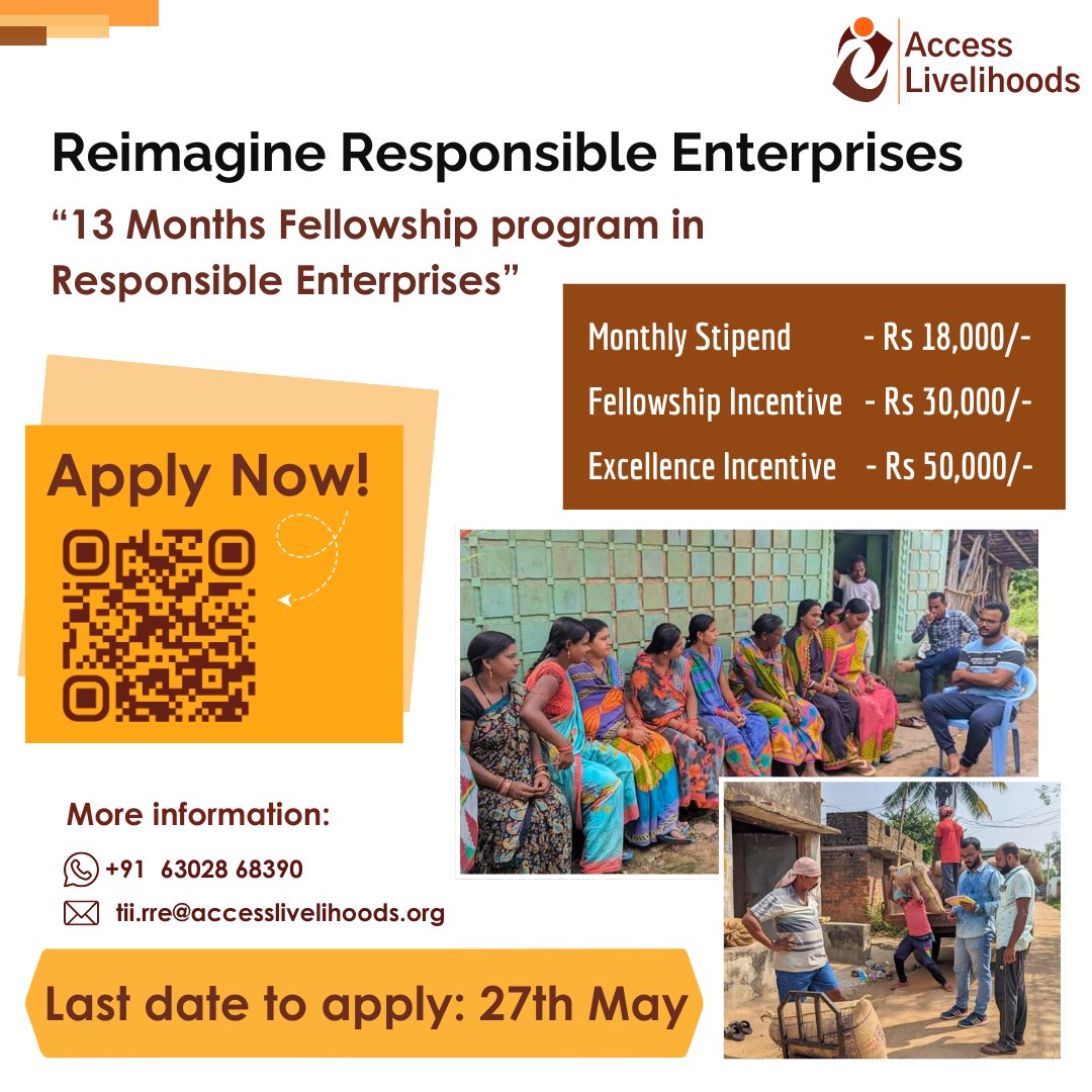 Ready to make a difference? Join Access Livelihoods’ Transforming India Initiative! This 13-month Acceleration cum Fellowship program empowers young changemakers to drive impact in responsible enterprises. Deadline: May 27, 2024. ngobox.org/fellowship_ful… #TII #Fellowship