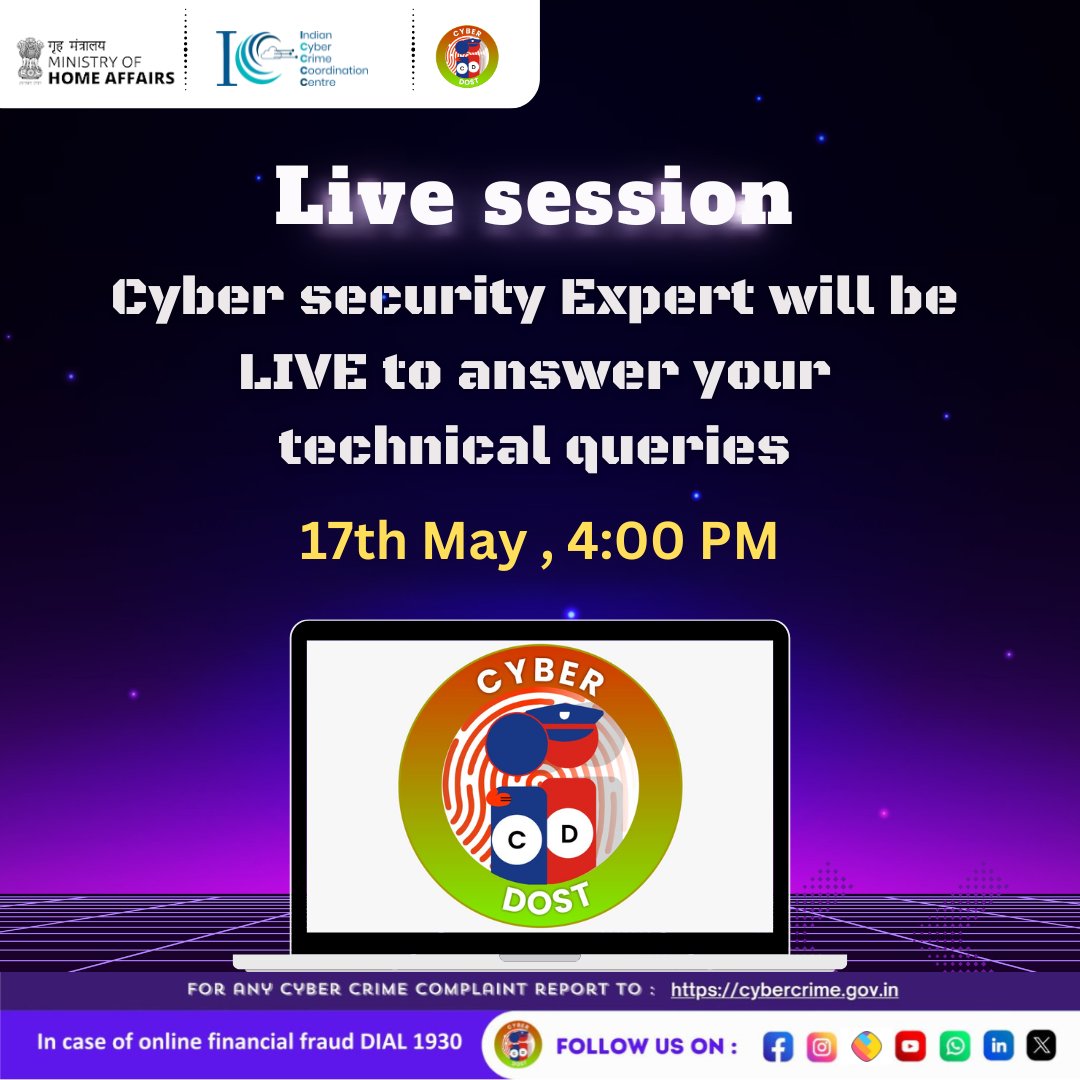 Make sure you don’t miss this exceptional chance to gain valuable insights from a prominent industry expert!”🔐🖥️ #I4C #MHA #Cyberdost #Cybercrime #Cybersecurity