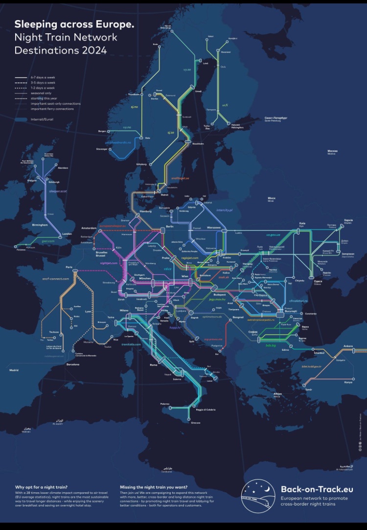 Viele Ziele sind in #Europa mit dem #Nachtzug erreichbar, wie die Karte von @BackOnTrackEU zeigt. Aber Europa braucht noch deutlich mehr Bahn- & Nachtzug-Verbindungen, um den Reiseverkehr auf #Klimakurs zu bringen.
