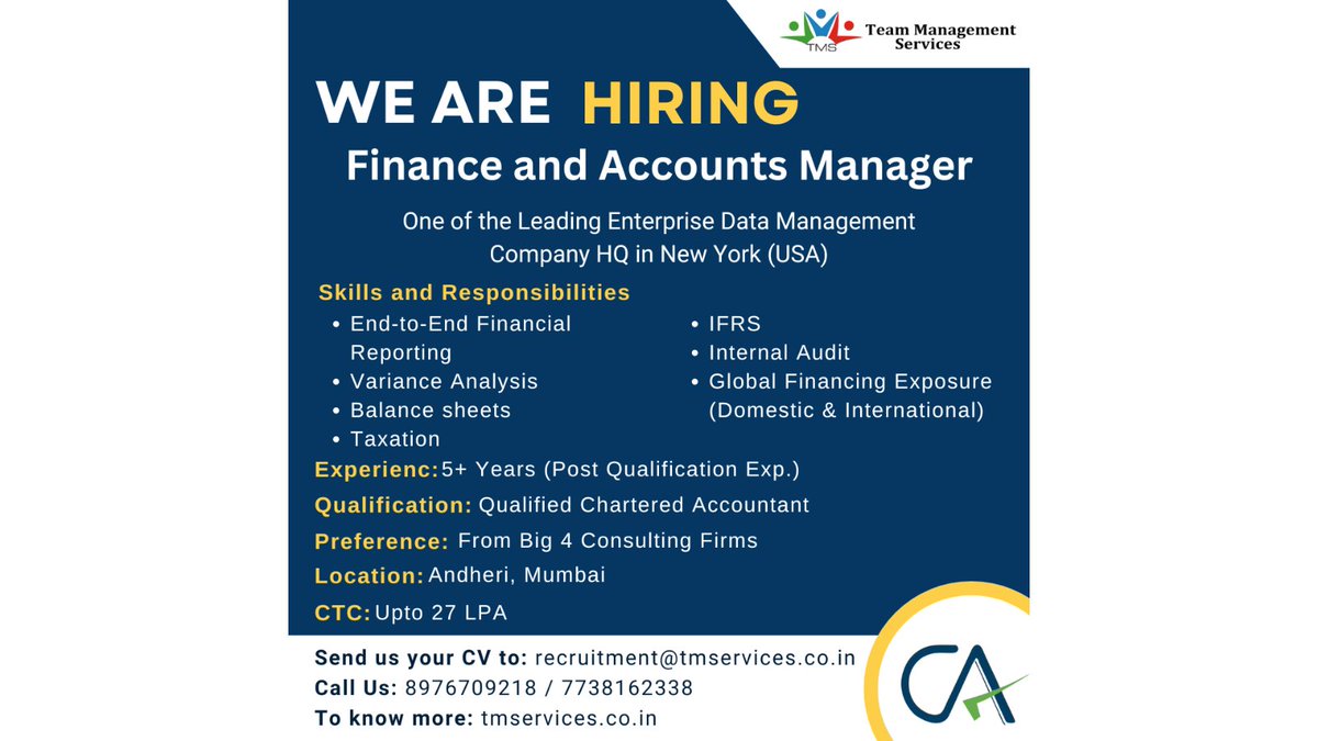 Opportunity knocks for CAs! Join us as a Finance and Accounts Manager to add your unique touch to the world of numbers. 

recruitment@tmservices.co.in | 8976709218 – 7738162338 

#tms #hrmodeon #hr #hrservices #hroutsourcing #hrsolutions #mumbai #thursday #vacancy #wearehiring