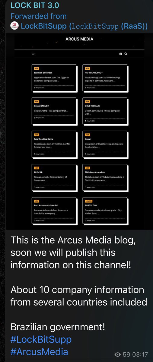 Adding another piece to the frame.
#lockbit stated #arcusmedia targets will be published on their channels.

Meanwhile, no official statement about the status of Operator (doxbin) and Baph (BF).