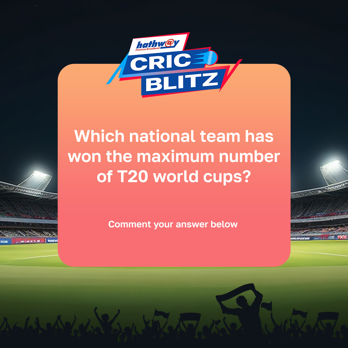 Which national team has won the maximum number of T20 world cups?Comment your answers below.

#HathwayBroadband #InternetConnection #Hathway #BroadbandConnection #Contest #CricketQuiz #CricBlitz #T20I #CricketLover