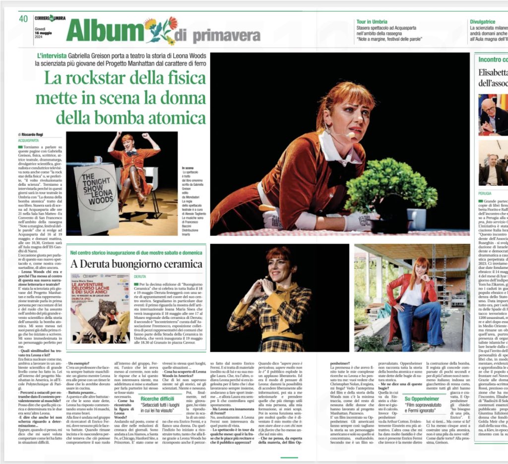 Lo dice anche il @corrieredellumbria in due pagine di intervista...torno ad essere Leona Woods nello spettacolo teatrale LA DONNA DELLA BOMBA ATOMICA stasera ad Acquasparta, domani a Narni, sabato a Brescia! Sul mio sito nuovo post 👉 greisonanatomy.com/2024/05/16/tea… È la fisica, baby! 🤟