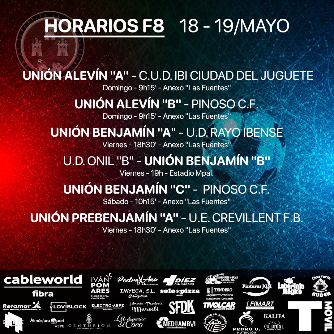 🗓️ HORARIOS

#aspe #alicante #fútbol #fútbolpopular #veteranos #senior #juvenil #cadete #infantil #alevin #benjamin #prebenjamin #querubines #ffcv #lfva