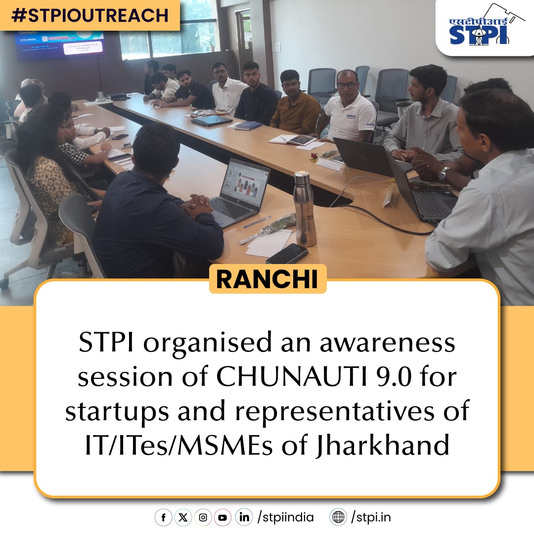 T-35: STPI officials briefed on #CHUNAUTI9.0 to the startups and representatives of IT/ITes/MSMEs of Jharkhand. #STPIOutreach #STPIBeyondMetros @StpiRanchi @ITDept_JH