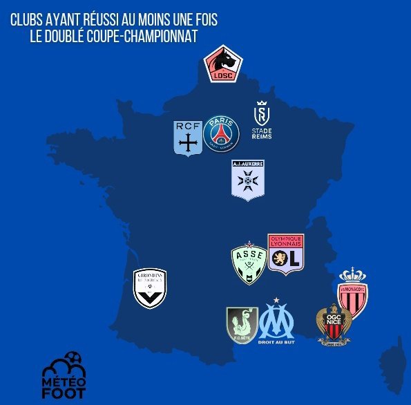 🔥☀️ Celle-là elle est CLASSE et elle IMPRESSIONNERA.. ..SI votre CLUB est PRÉSENT sur cette carte c'est qu'il a AU MOINS UNE FOIS, RÉALISÉ le DOUBLÉ. ➡️ Remporter la COUPE DE FRANCE et le CHAMPIONNAT lors de la même saison. #Ligue1