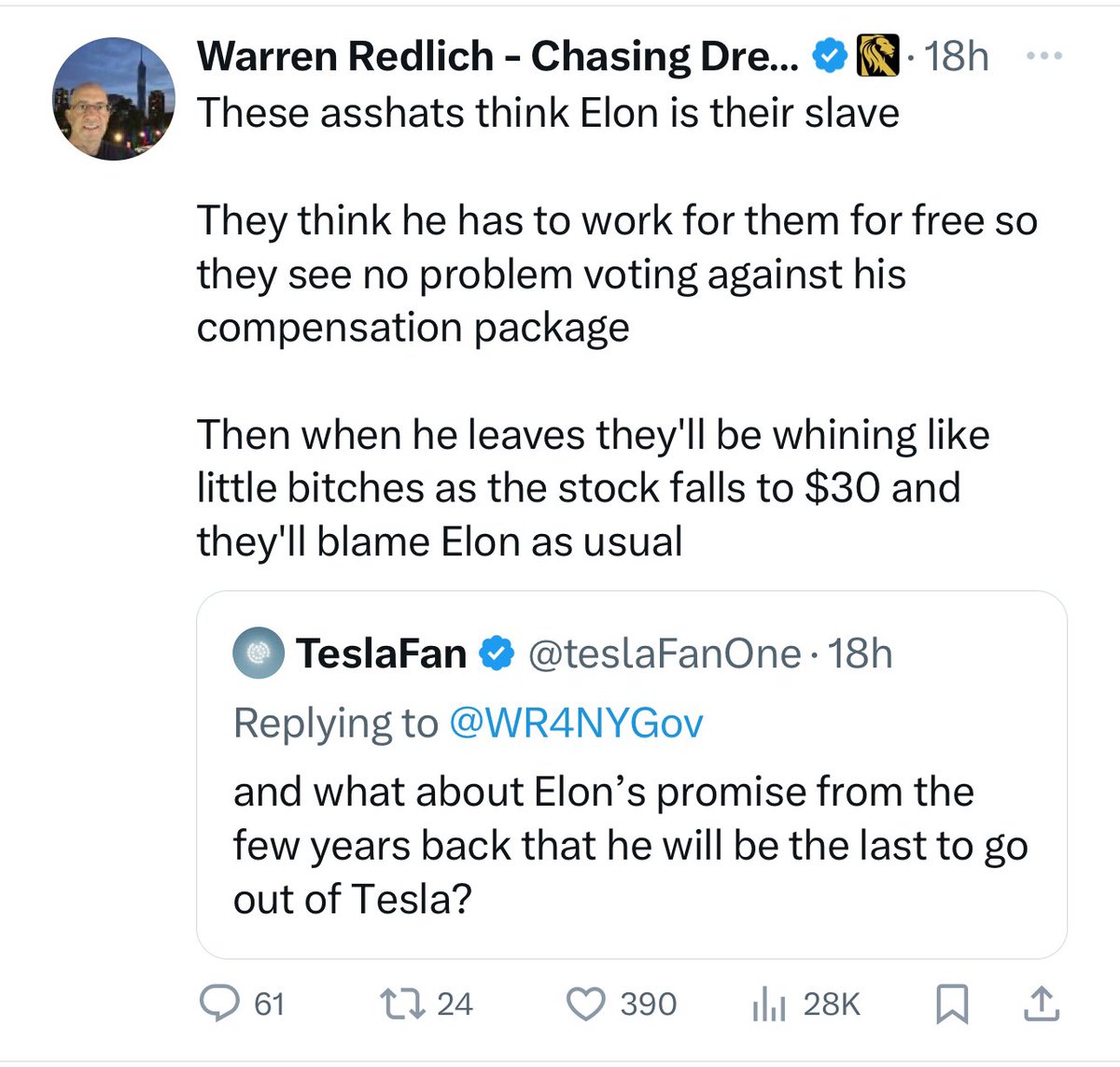So he admits $TSLA operational business is worth 30$ and the ‚Musk bonus‘ is 140-150$ per share? That would indeed justify the shareholder blackmailing campaign (against the ‚whining bitches‘) to keep Musk! Unbelievable you get this level of entertainment for free here.