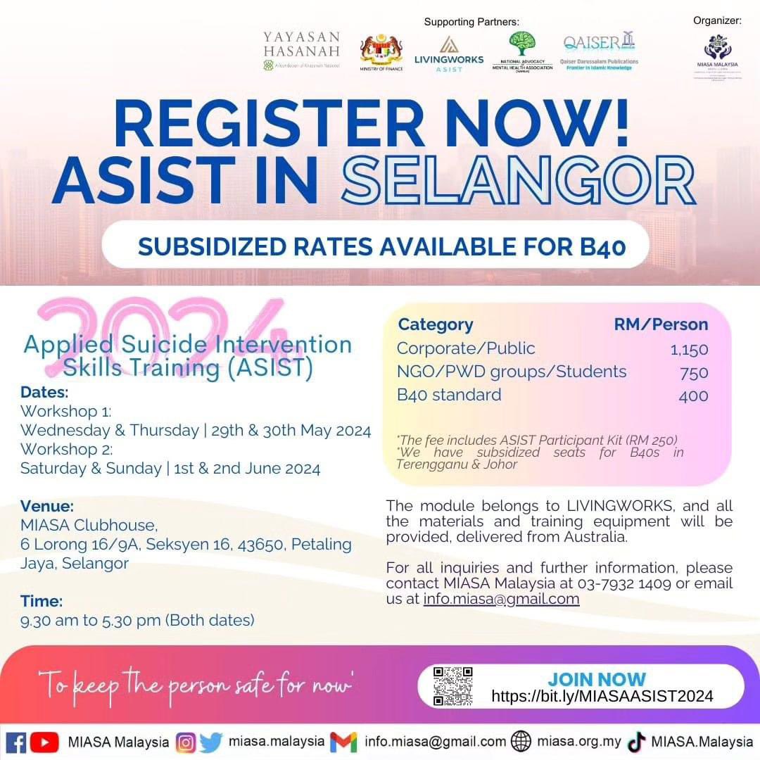 COME AND JOIN US!

🌷Embark on a transformative journey in 2024 by joining our upcoming ASIST Workshop. 💫

Over two days, acquire vital skills in suicide intervention. Learn to recognize signs, initiate life-saving conversations, and connect individuals to crucial help. 🤝