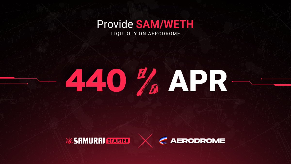 Haven't you heard? Samurai Starter on @aerodromefi has THE highest APR for LPs among all launchpads IN THE WORLD (unofficial - don't @ us)!

You can provide WETH/SAM LP on Aerodrome right now and enjoy:
1. 440% APR with rewards in $AERO.
2. Launchpad access with amazing token