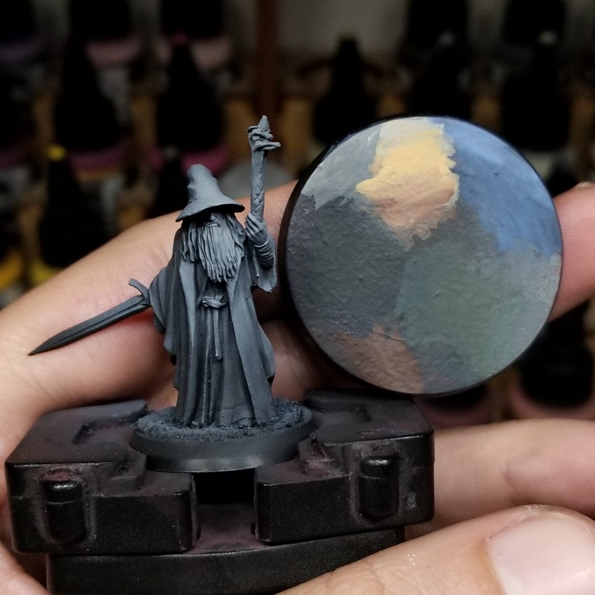 About to splash on this masterpiece. Gandalf the grey! Og metal sculpt. When planning a scheme, I often make my decisions on a spare base first. I definitely recommend practicing your colors on a spare base first. #paintinglotr #gamesworkshop #lordoftherings