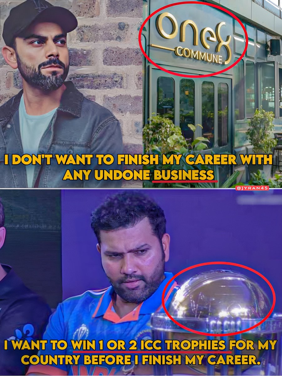 Virat Kohli has a business of shoes, restaurant, perfume, water etc but still he wants to expand it before retirement.

While Rohit Sharma is thinking of winning 1 or 2 ICC trophies for his country before retirement.

There is a reason why people call Kohli as selfish and