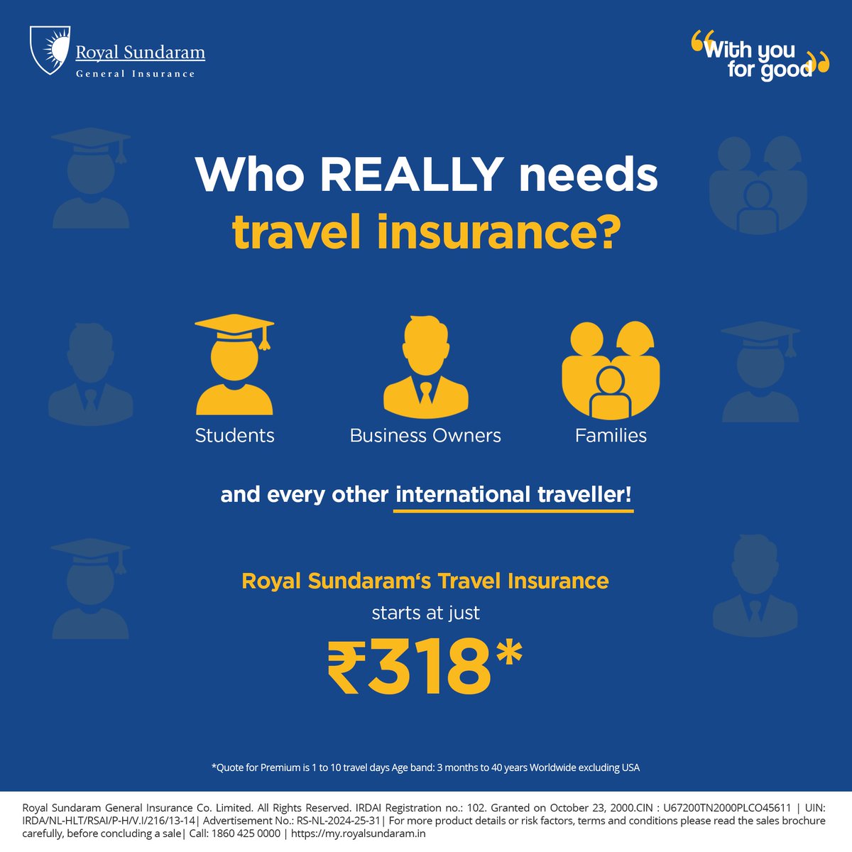 Whether you're a student heading out for your degree or a frequent flyer who travels for work, you will need Royal Sundaram Travel Insurance. So make each trip count because premiums start at just ₹318*
#royalsundaramgeneralinsurance #royalsundaramtravelinsurance #withyouforgood