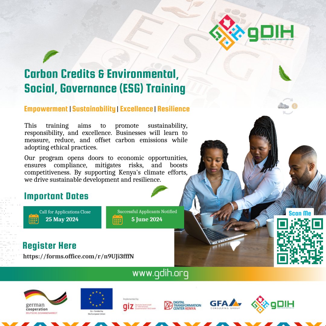 📢Exciting News! Call for applications for our Carbon Credits & Environmental, Social and Governance (ESG) Training is now open! Learn sustainability, responsibility & excellence while unlocking new opportunities. Visit 👉gdih.org/carbon-credits… to apply! Deadline: 25 May 2024