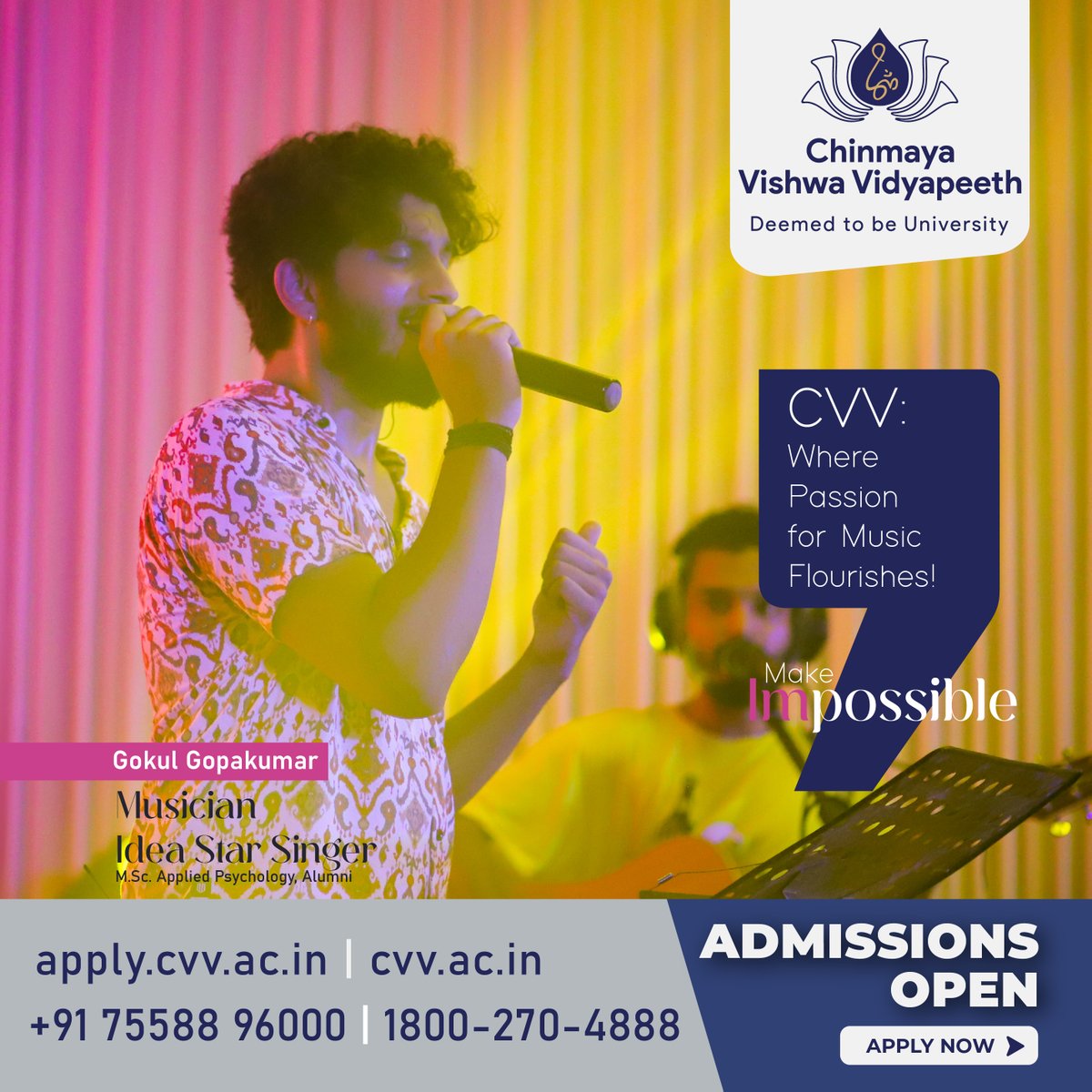 Chinmaya_VV's tweet image. Meet our highly talented alumni, Gokul Gopakumar. He participated in Idea Star Singer, and his passion and studies intertwined at CVV.
Welcome to CVV, where studies and interests are intertwined. 
Admissions are now open.
Apply Now: rb.gy/dn9bp4