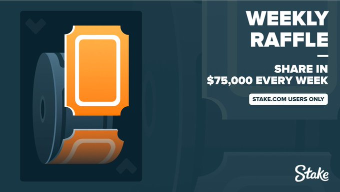Stake's tweet photo. Raffle Reminder! 🤓

Get your tickets ready! 🫱

Every $1,000 wagered each week gets you 1 ticket 🎟️ into our $75k weekly raffle! 🤑

🔗: https://t.co/iX9QNNzGDE https://t.co/5YDSY0iCQV