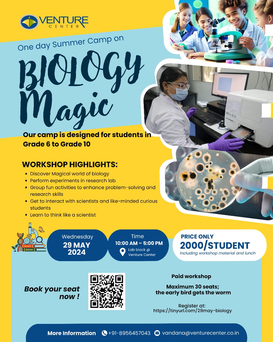 Vandana M (@vanduz95) on Twitter photo Scientific Initiatives <a href="/venture_center/">VentureCenter</a> is excited to welcome students to an exciting one-day summer camp on "Biology Magic"
filled with excitement and discovery.
ποΈ Date: Wednesday, 29th May 2024
π Time: 10.00 am to 05.00 pm
π Registration link: tinyurl.com/29may-biology
(1/2) Scientific Initiatives <a href="/venture_center/">VentureCenter</a> is excited to welcome students to an exciting one-day summer camp on "Biology Magic"
filled with excitement and discovery.
ποΈ Date: Wednesday, 29th May 2024
π Time: 10.00 am to 05.00 pm
π Registration link: tinyurl.com/29may-biology
(1/2)