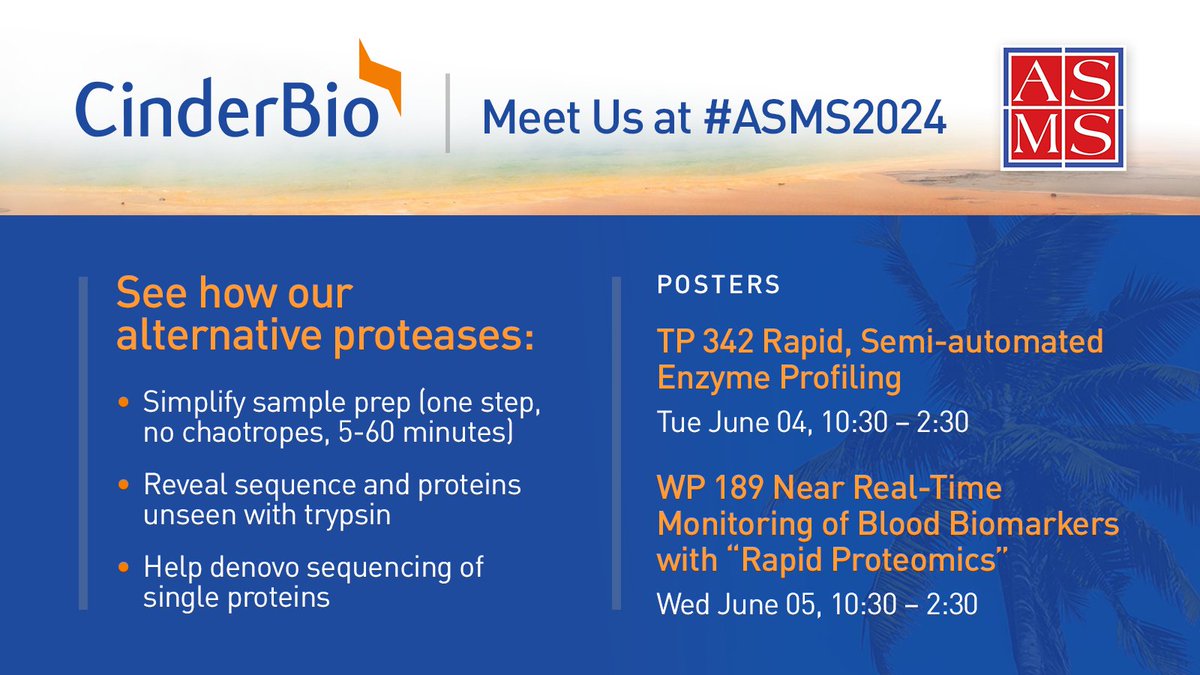 CinderBio will see you at #ASMS2024! See two posters (TP 342 &amp; WP 189) with fascinating insight into the use of our alternative proteases, for #Proteomics. Use c-bio.link/6rmr88 to setup a meeting during ASMS.

#TeamMassSpec #massspec
