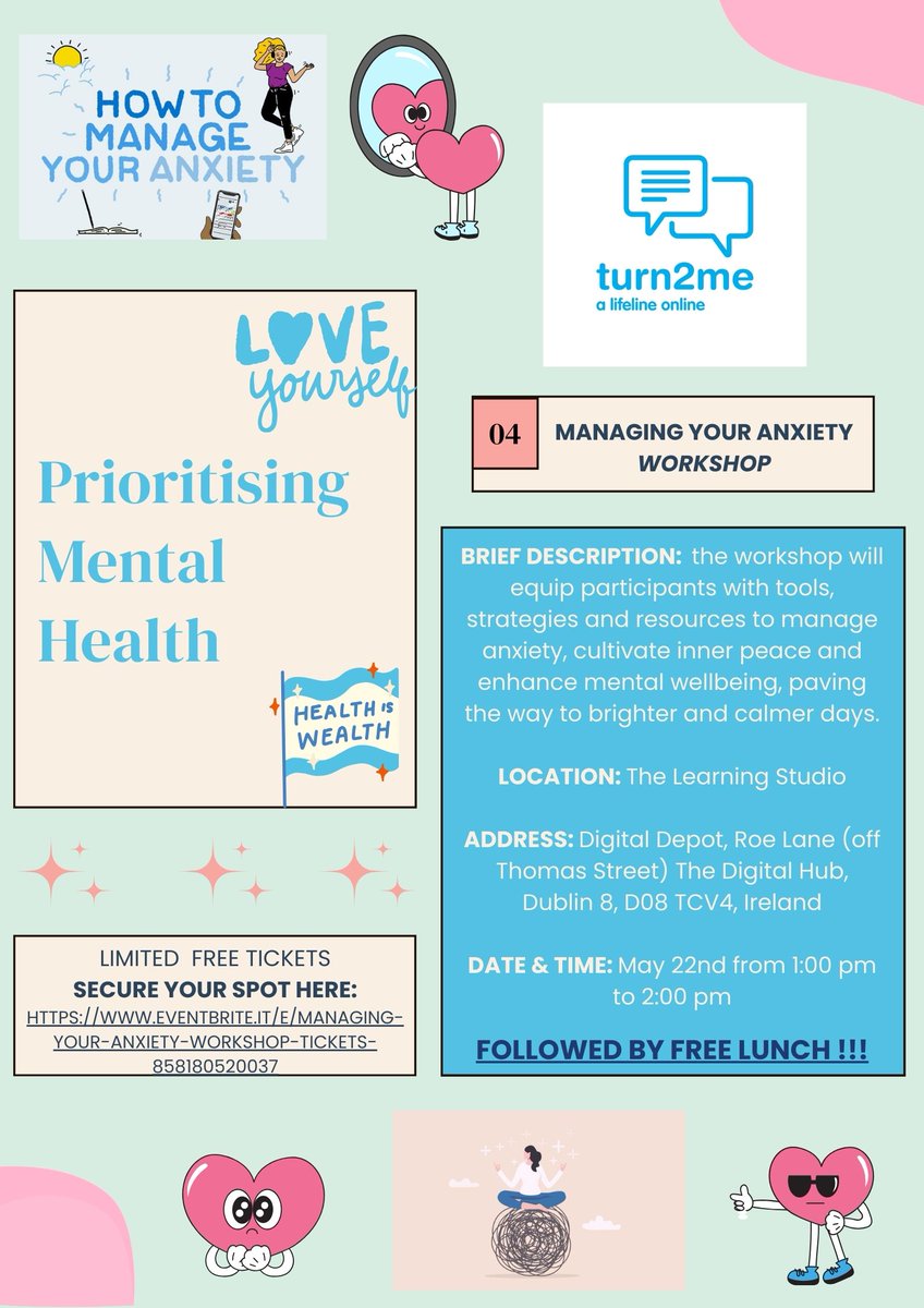Join this 'Managing Your Anxiety' Workshop with @Turn2me on May 22nd, from 1:00 pm to 2:00 pm at The Learning Studio at The Digital Hub. This workshop is supported by @smart_d8. eventbrite.it/e/managing-you…