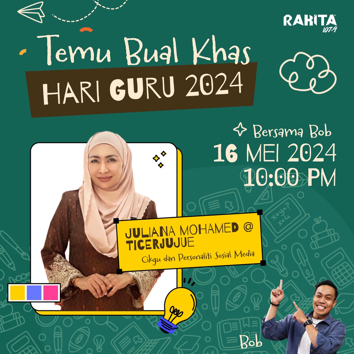 Masih lagi dengan cerita hari guru sampai malam guys! Pengantin baru @bob_akmalyusof kembali di studio untuk berborak dengan @ticerjujue di #MalamRakita hari ini! Jom dengarkan! ⏰ Khamis | 10pm - 11pm 📻 Rakita 107.9 | Strim rakita.my | App SYOK