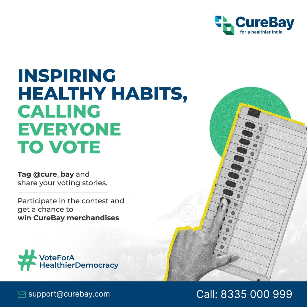 A Healthy Democracy Is Always Up for its Citizens' Welfare. Share This Post with Your Friends, Family and Companions and encourage them to Visit their polling booths and Cast their Votes.

#VoteKaro #voteforahealthierindia #CureBay #HealthcareForAll