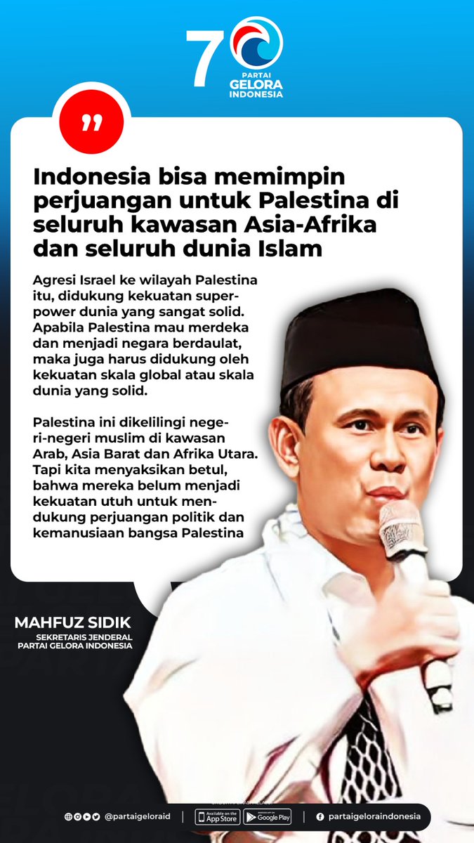 #Rilis | Mahfuz Sidik : Indonesia bisa memimpin perjuangan untuk Palestina di seluruh kawasan Asia-Afrika dan seluruh dunia Islam
partaigelora.id/mahfuz-sidik-i…
@anismatta @Fahrihamzah