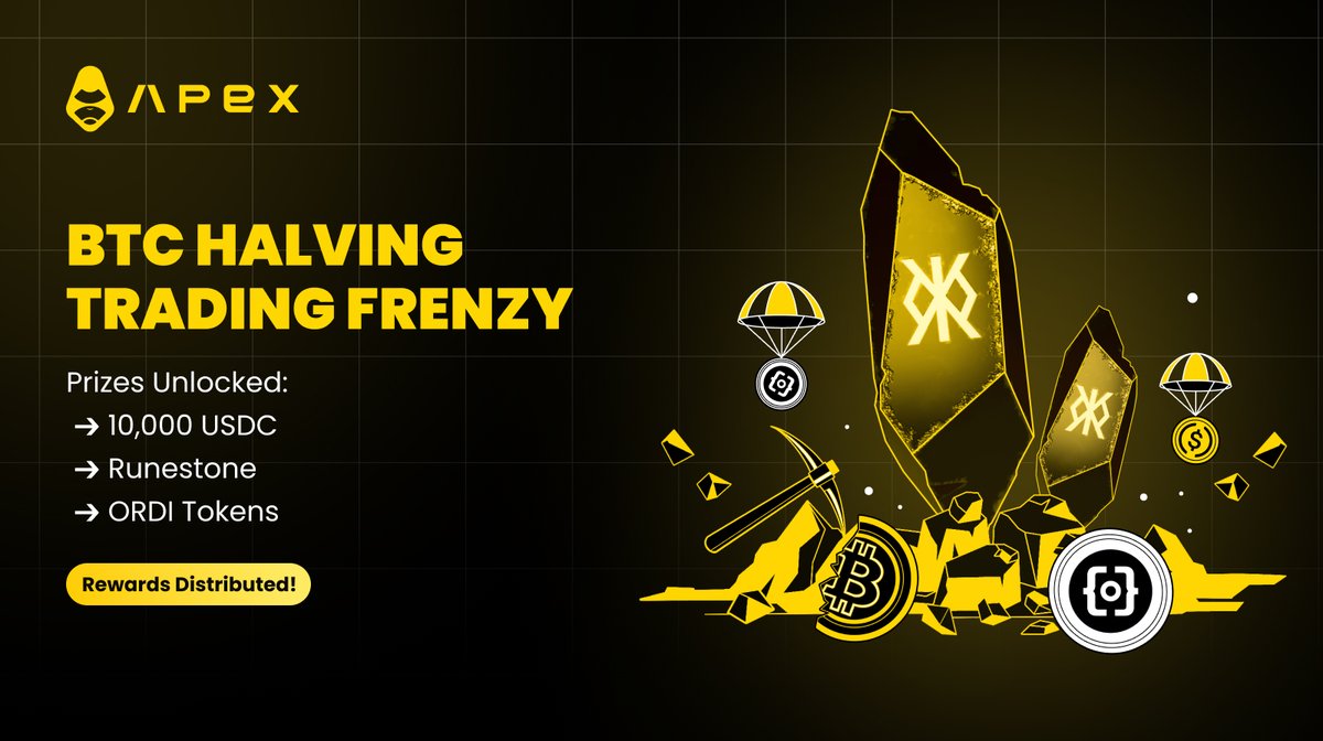 🏆 ApeXers, rewards from #BTCHalving Trading Frenzy are now LIVE! Congrats to all traders who unlocked 10,000 $USDC, #Runestone, and $ORDI tokens. ➔ Trading bonuses: pro.apex.exchange/rewardCenter ➔ USDC rewards: pro.apex.exchange/multipleRewards ⚠️ Claim your treasures within 21 days!