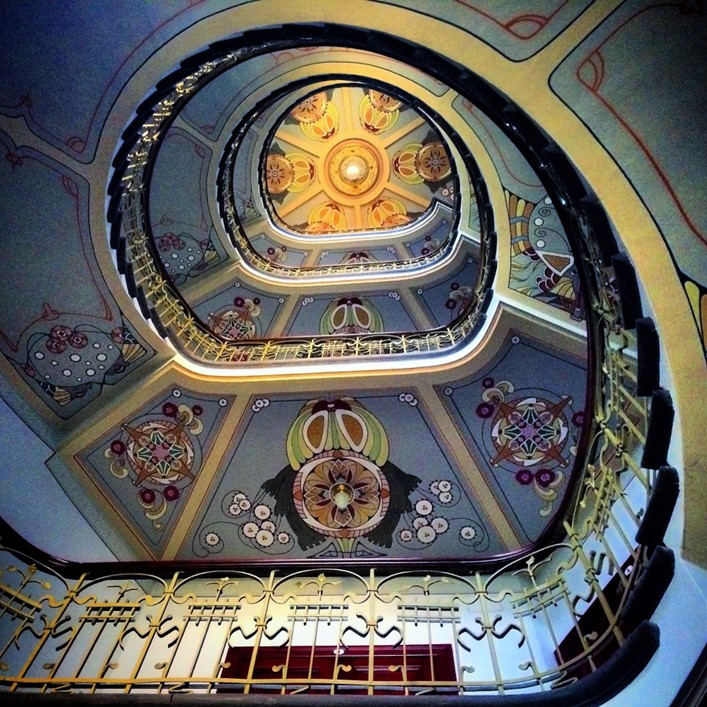 This may surprise some, but Riga, the capital of Latvia, is one of the best Art Nouveau cities in the world. Here’s the eye-popping interior stairwell at its Art Nouveau Museum (designer: Konstantīns Pēkšēns)