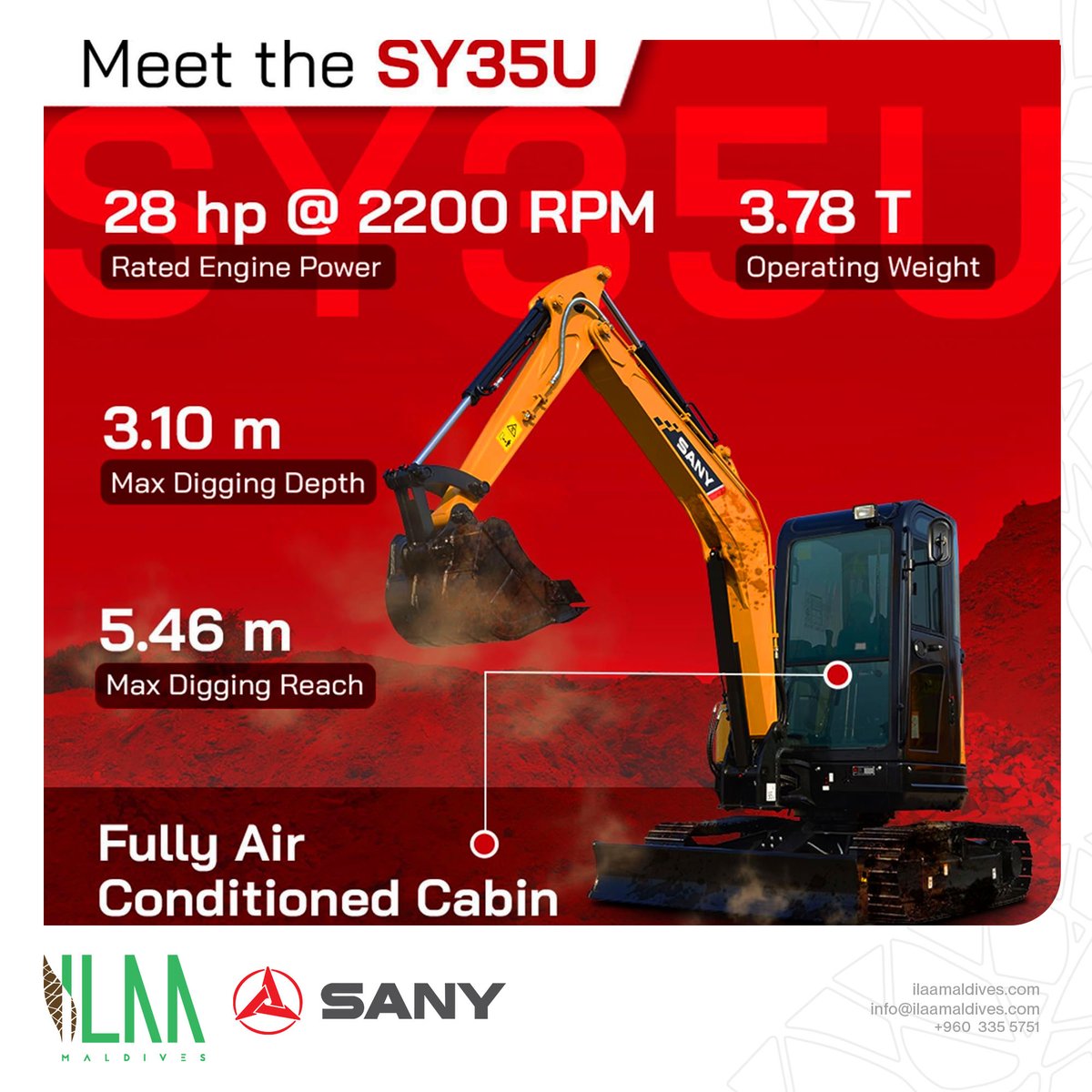 Introducing the SY35U mini excavator, your compact powerhouse for tight spaces! This machine has an innovative ZERO TAIL SWING design, allowing full rotation without exceeding the track width.
#IlaaMaldives #Sany #Excavator