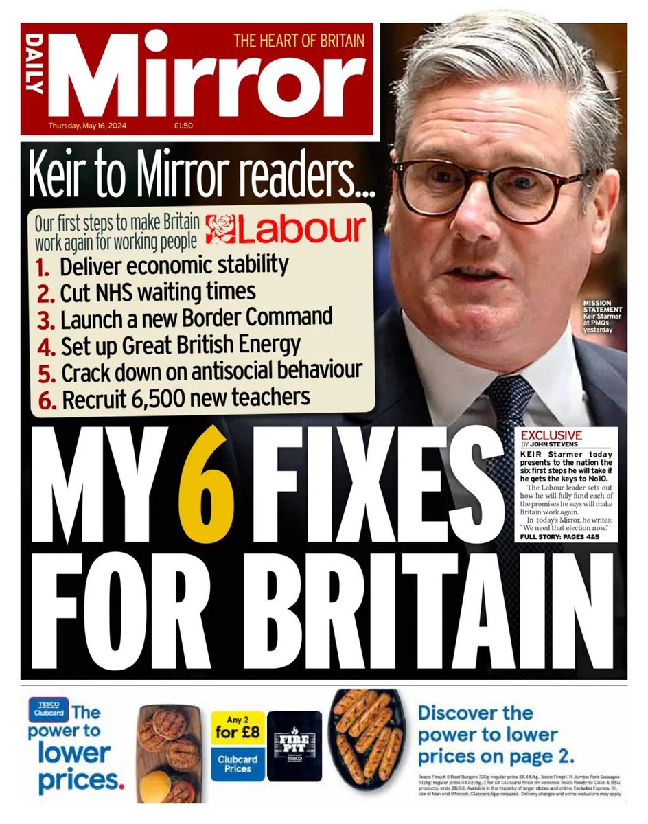 #Starmer's 'six fixes for Britain': a genuine game-changer or just empty promises? 🤔 The @UKLabour leader's plans to recruit more #teachers, tackle antisocial behaviour, and cut @NHS waiting times sound great, but can he deliver? Or is he following in #RishiSunak's footsteps,