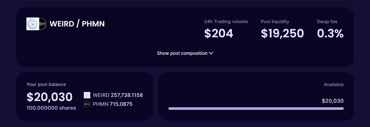 WEIRD/PHMN liquidity pool is alive on Osmosis DEX Liquidity +20K app.osmosis.zone/pool/1776