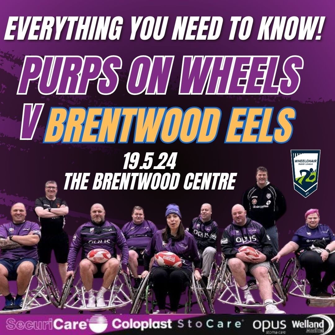 Everything you need to know about Team Colostomy UK's first Wheelchair Rugby League game! 🗓️ Sun May 19 🆚 Brentwood Eels 🏆 Wheelchair Rugby League friendly 🏟️ The Brentwood Centre CM15 9NN ⏱️1pm 🎟️ Free entry #UpThePurps💜 #PurpsOnWheels #StomaAware
